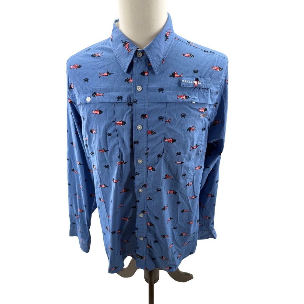 Salt Life SLX Mens‎ USA Print Long Sleeve Fishing Performance Shirt Large UV